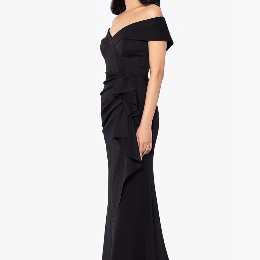 Xscape “Patti” Off-Shoulder Ruffle Scuba Crepe Gown Dress